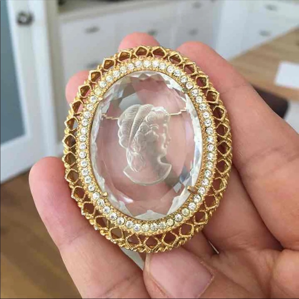 Intaglio etched glass & rhinestone brooch